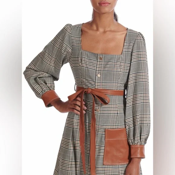 STAUD ‘Oz’ Checkered Long Sleeve Dress with Leatherette Details - Picture 3 of 16